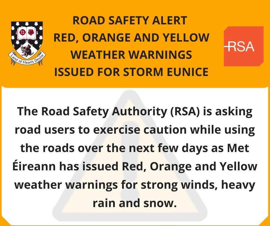 Road Safety Alert – Red, Orange and Yellow Weather Warnings Issued for Storm Eunice